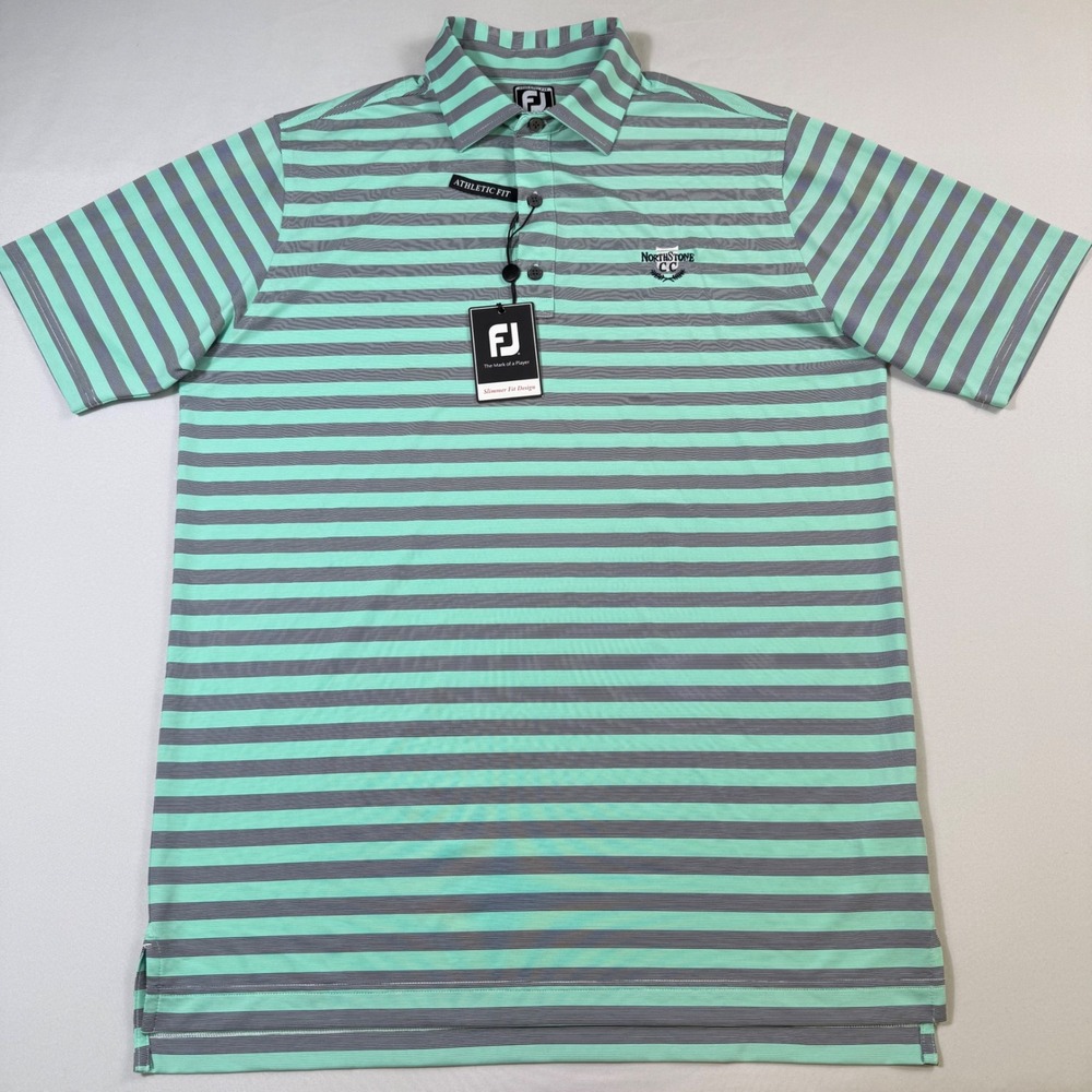 FootJoy Golf Polo Shirt Men Large Spearmint Navy Striped Athletic Fit ProDry NEW